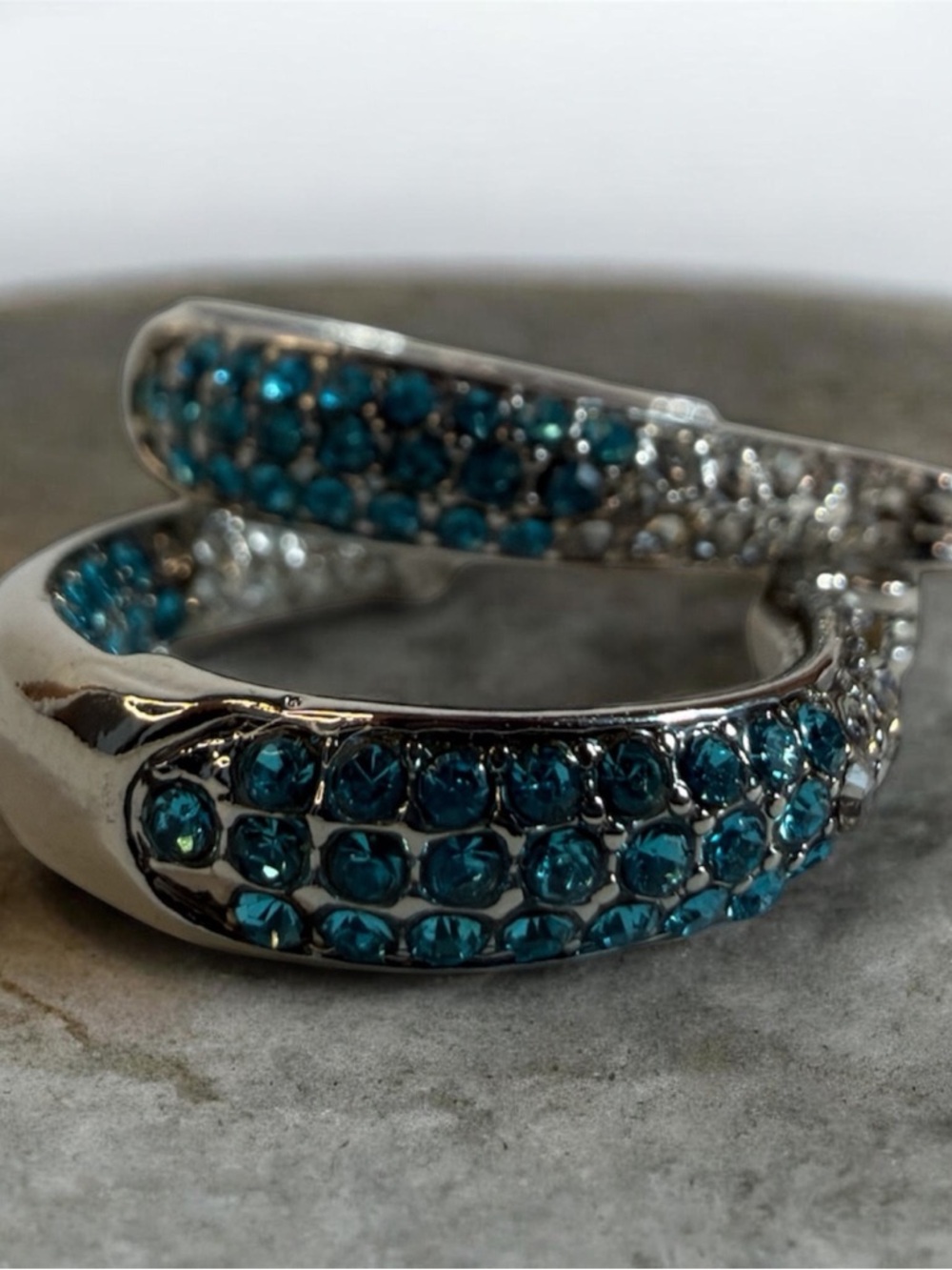 Silver Hoop Earrings with Teal Blue Crystal Accents - Women's Jewelry